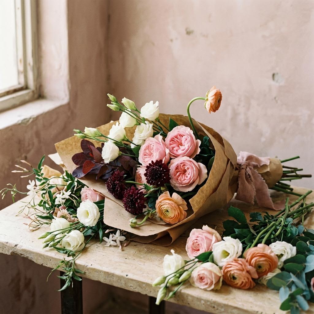 Thoughtfully gathered flowers on a tabletop